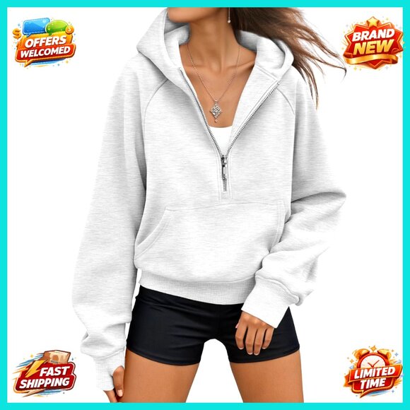 Fleece Half Zip Hoodie Oversized Cropped Fit Athletic Workout Sweatshirt